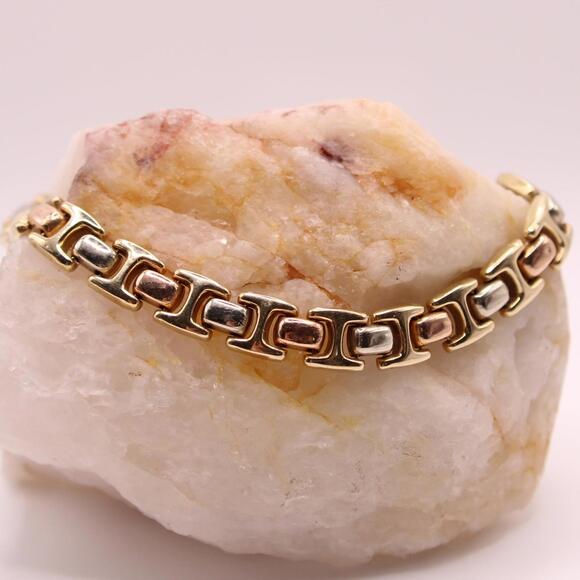 14kt Mexico Tri Gold Yellow White Rose Gold Puffed Chain Link Bracelet - Picture 3 of 6